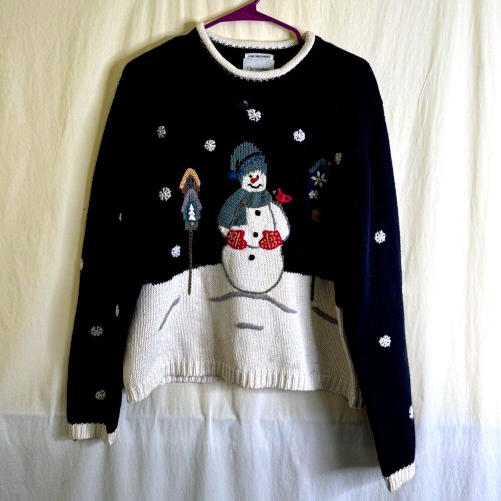 Christopher & Banks Christmas Snowman Snowflake Hand Embroidered Sweater SZ L